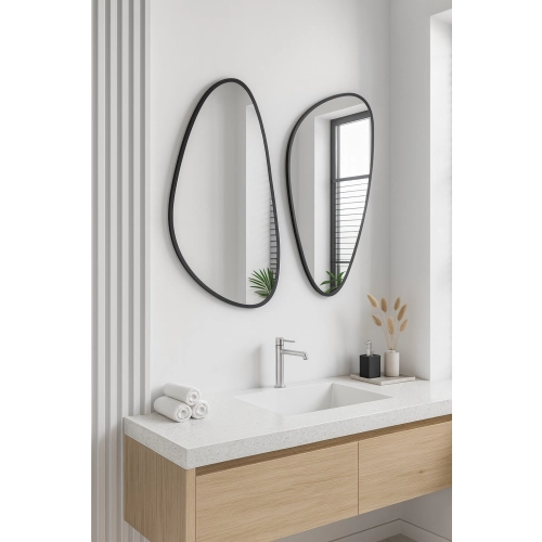 Lustra RIVER FLOW – zestaw 2 nieregularnych luster łazienkowych w czarnej ramie, nowoczesny design do łazienki lub przedpokoju